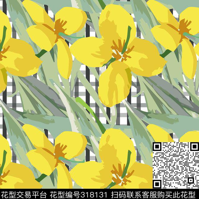 自然写意花卉格子传统印花华亿平台下载（图片编号: 318131） - 瓦栏（Walan）