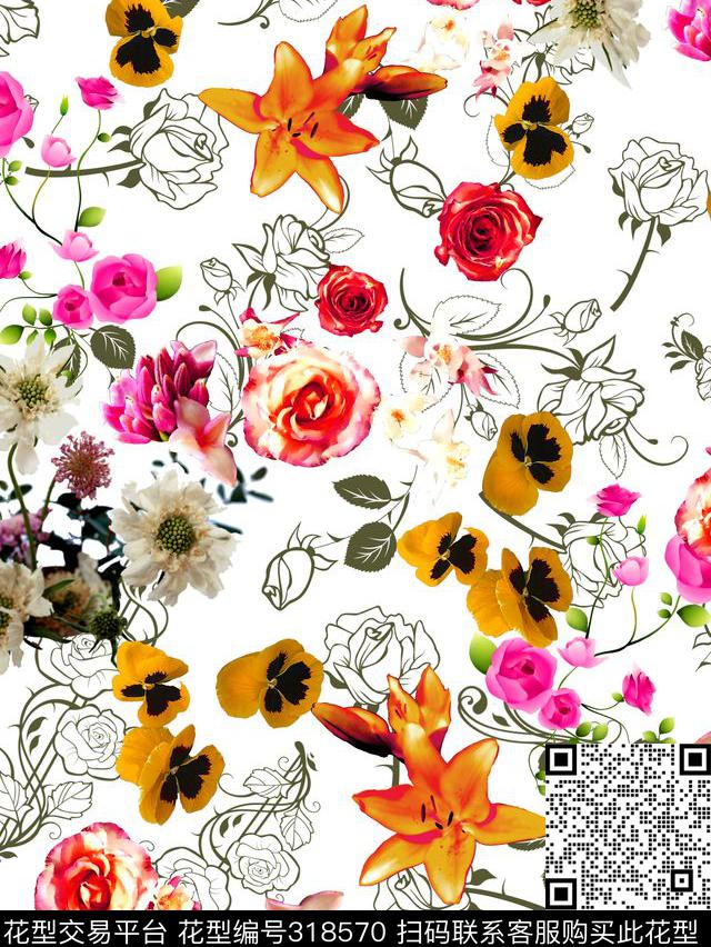 数码★花卉图案数码印花华亿平台下载（图片编号: 318570） - 瓦栏（Walan）