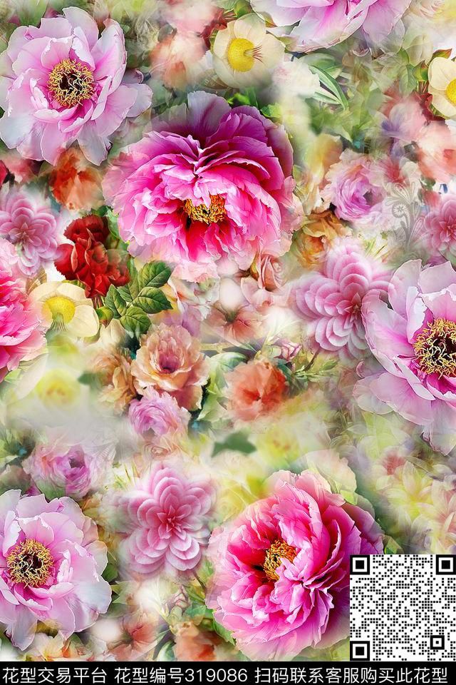 大气牡丹四分色（或加专色）数码印花华亿平台下载（图片编号: 319086） - 瓦栏（Walan）