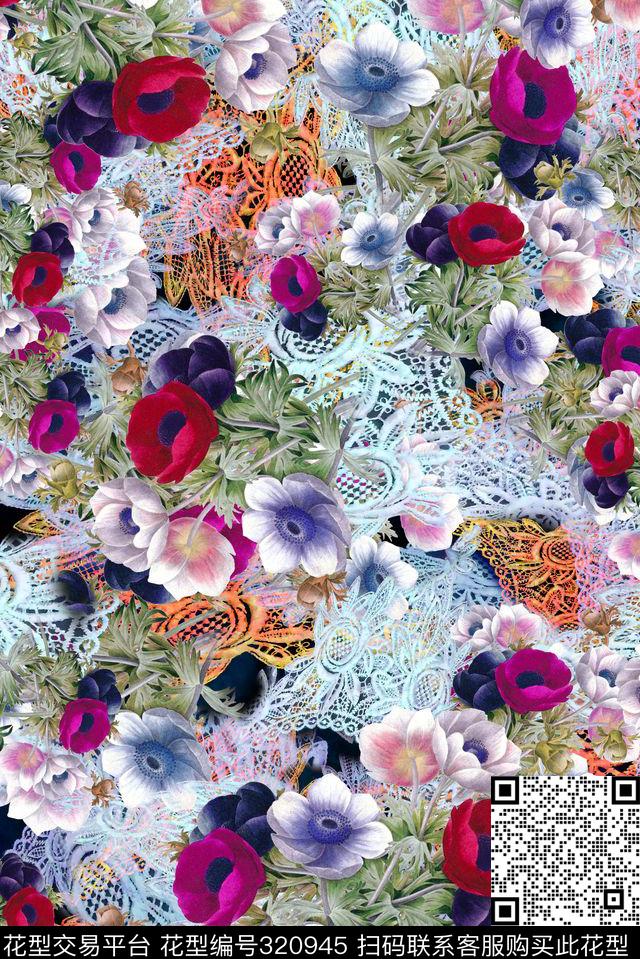 花卉花卉组合数码印花华亿平台下载（图片编号: 320945） - 瓦栏（Walan）
