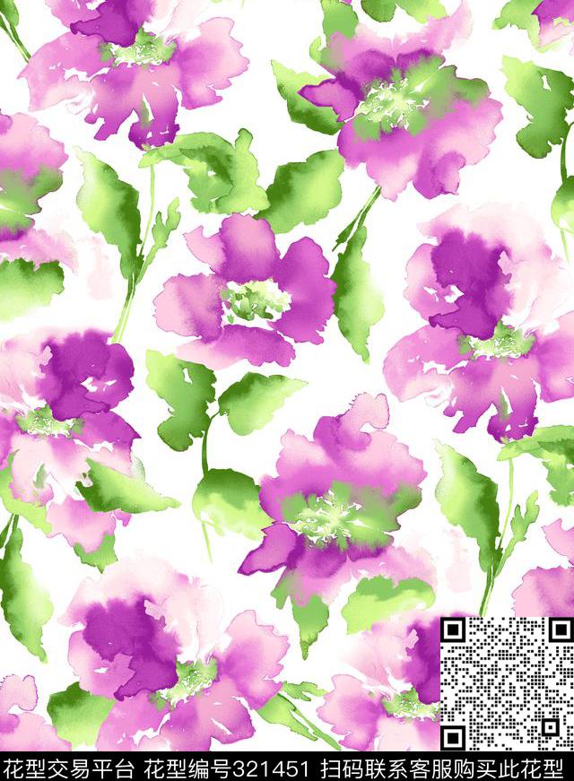 田园花卉水墨风数码印花华亿平台下载（图片编号: 321451） - 瓦栏（Walan）
