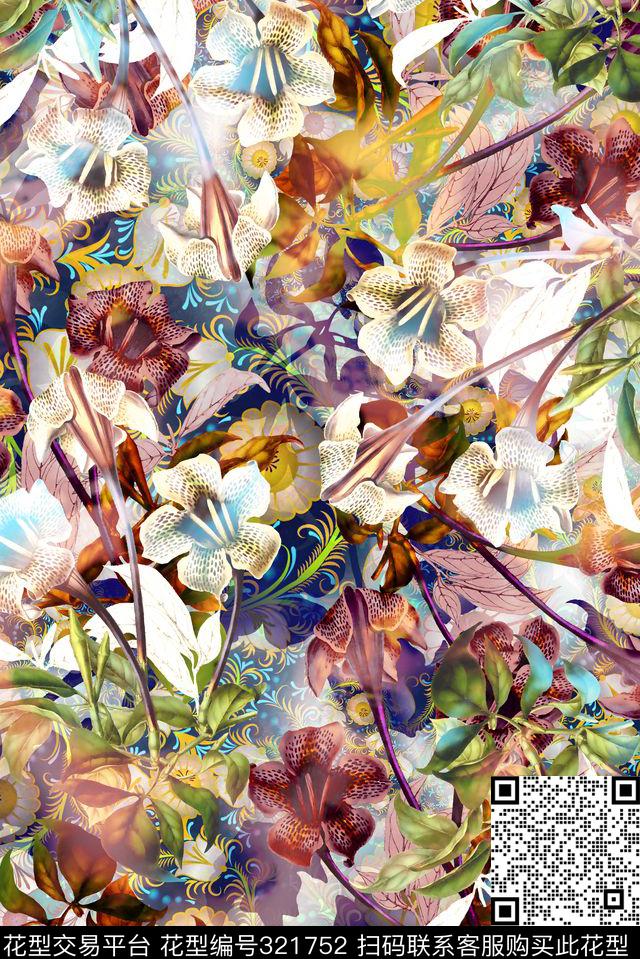 花卉花卉组合数码印花华亿平台下载（图片编号: 321752） - 瓦栏（Walan）