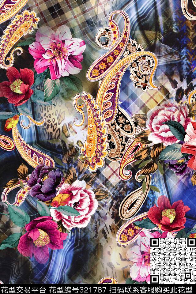 几何格子腰果花花卉组合数码印花华亿平台下载（图片编号: 321787） - 瓦栏（Walan）