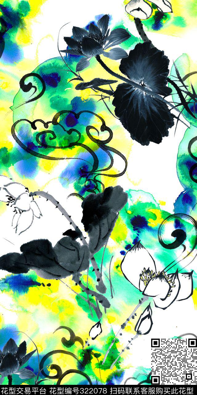 中国风水墨荷花数码印花华亿平台下载（图片编号: 322078） - 瓦栏（Walan）