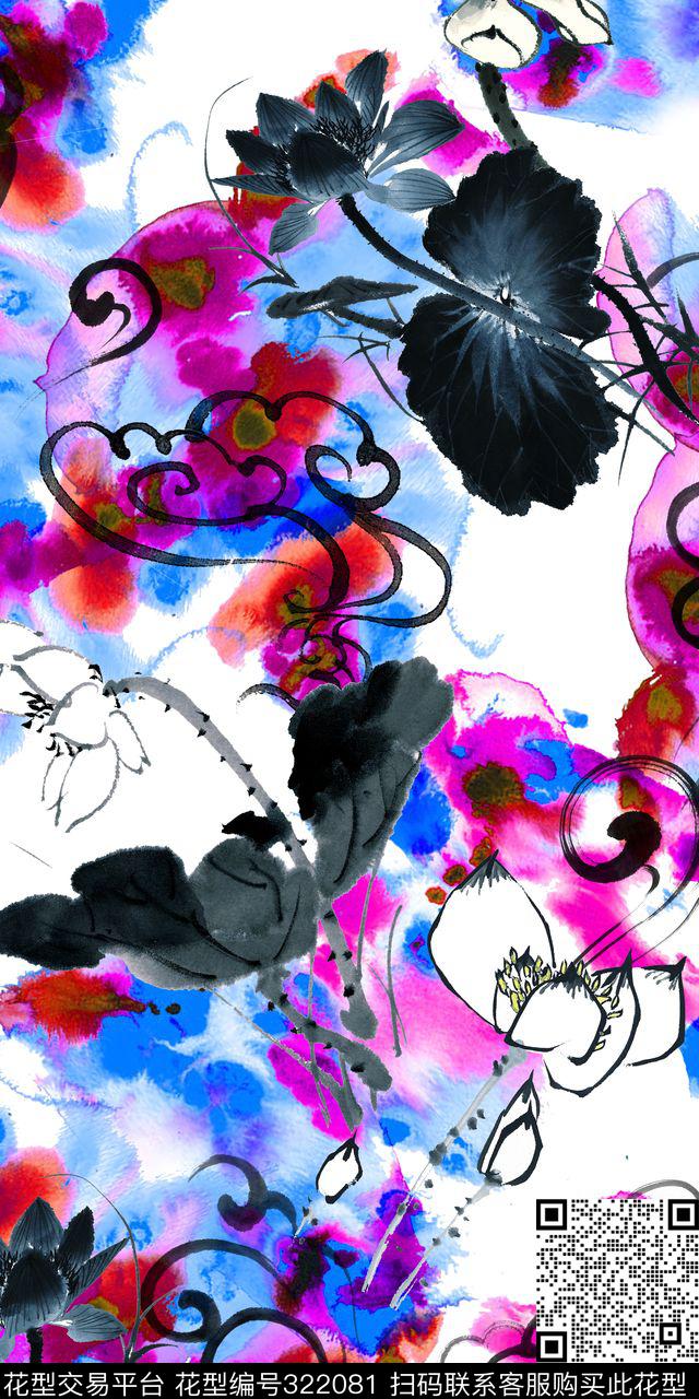 中国风水墨荷花数码印花华亿平台下载（图片编号: 322081） - 瓦栏（Walan）