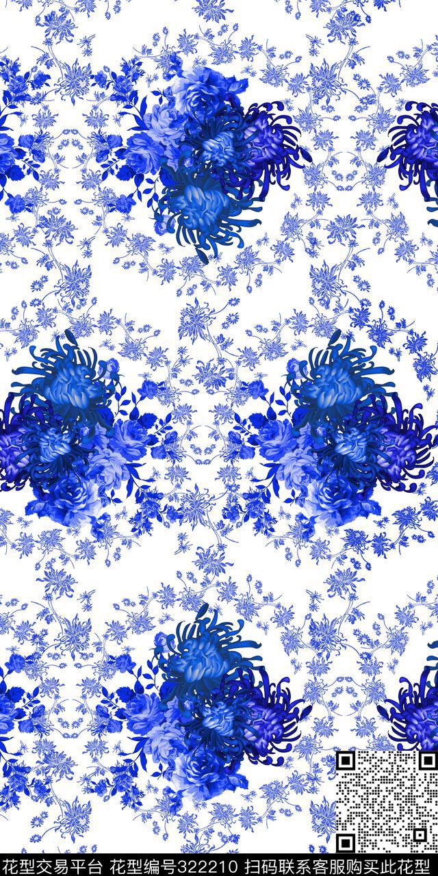 田园青花瓷花卉数码印花华亿平台下载（图片编号: 322210） - 瓦栏（Walan）