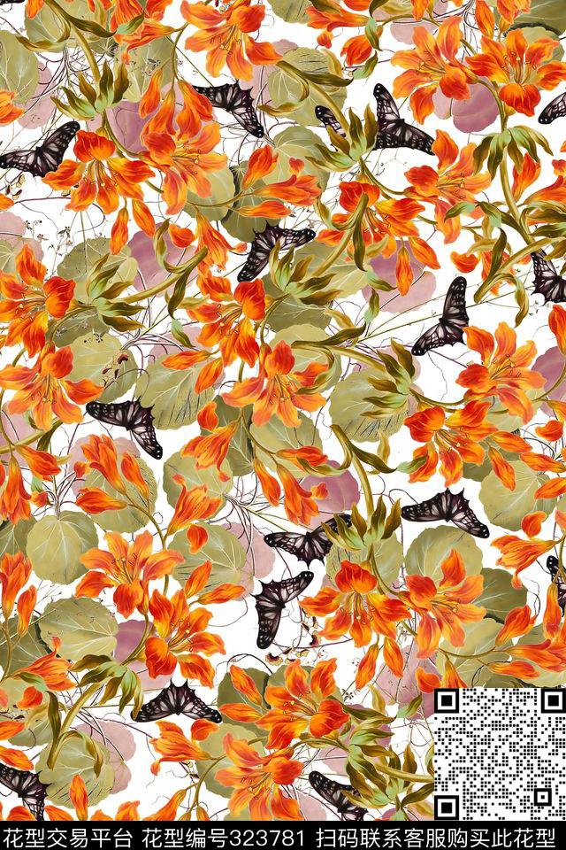 花卉热带蝴蝶数码印花华亿平台下载（图片编号: 323781） - 瓦栏（Walan）