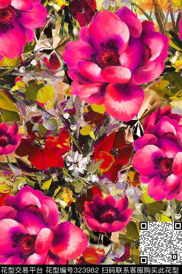 花卉油画花大朵花数码印花华亿平台下载（图片编号: 323982） - 瓦栏（Walan）