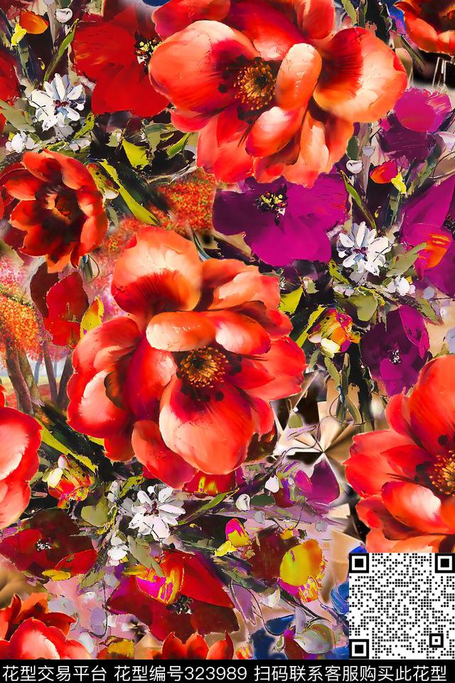 花卉油画花大朵花数码印花华亿平台下载（图片编号: 323989） - 瓦栏（Walan）