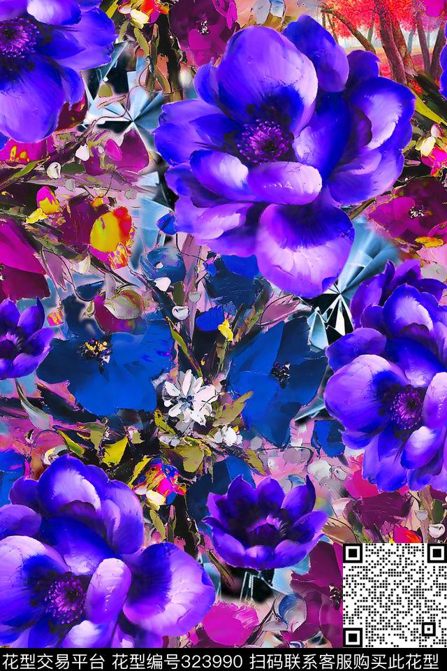 花卉油画花大朵花数码印花华亿平台下载（图片编号: 323990） - 瓦栏（Walan）