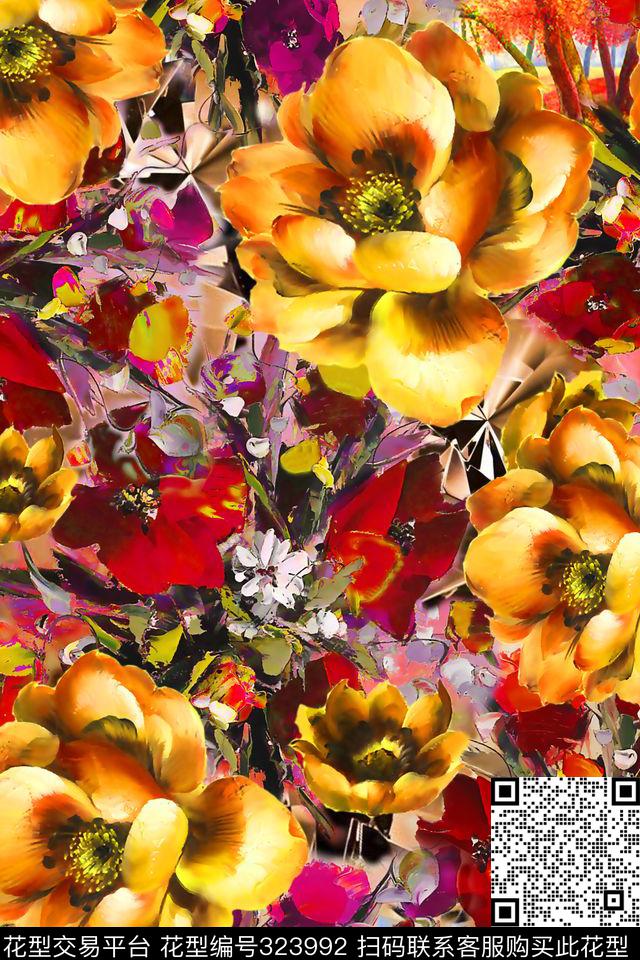 花卉油画花大朵花数码印花华亿平台下载（图片编号: 323992） - 瓦栏（Walan）