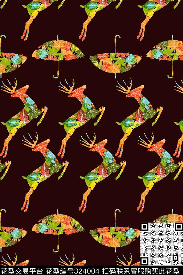 雨伞鹿轮廓色块传统印花华亿平台下载（图片编号: 324004） - 瓦栏（Walan）