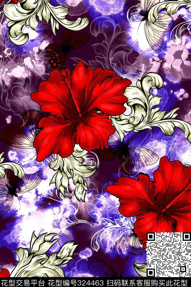 大花花卉热带数码印花华亿平台下载（图片编号: 324463） - 瓦栏（Walan）
