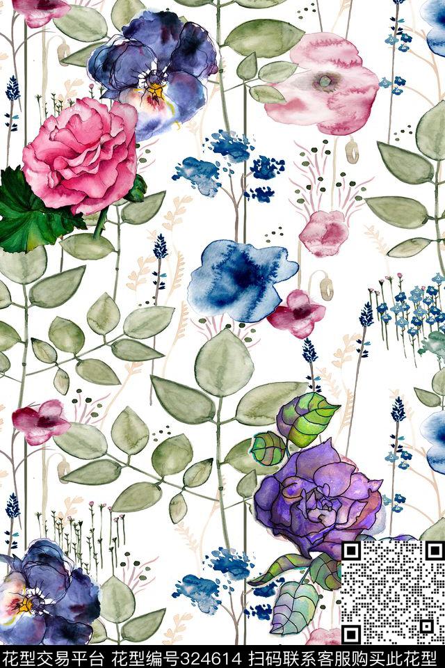 水彩花叶子手绘数码印花华亿平台下载（图片编号: 324614） - 瓦栏（Walan）