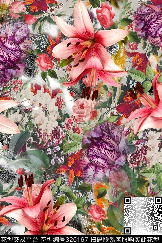 花卉抽象百合数码印花华亿平台下载（图片编号: 325167） - 瓦栏（Walan）