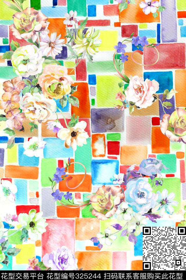 花卉格子几何数码印花华亿平台下载（图片编号: 325244） - 瓦栏（Walan）