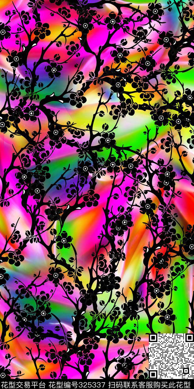 中国风梅花渐变数码印花华亿平台下载（图片编号: 325337） - 瓦栏（Walan）