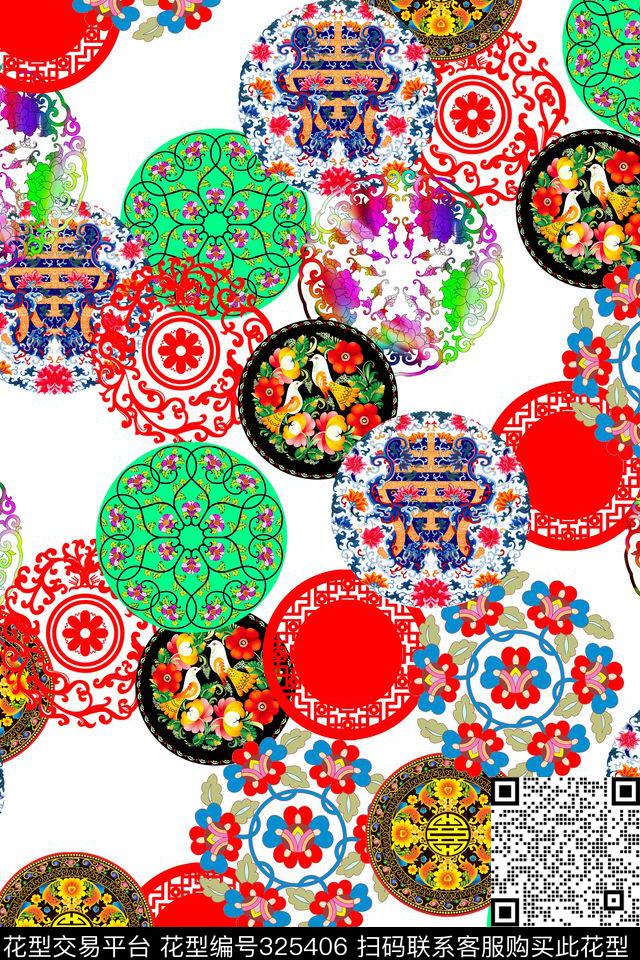 中国风圆形图腾花盘数码印花华亿平台下载（图片编号: 325406） - 瓦栏（Walan）