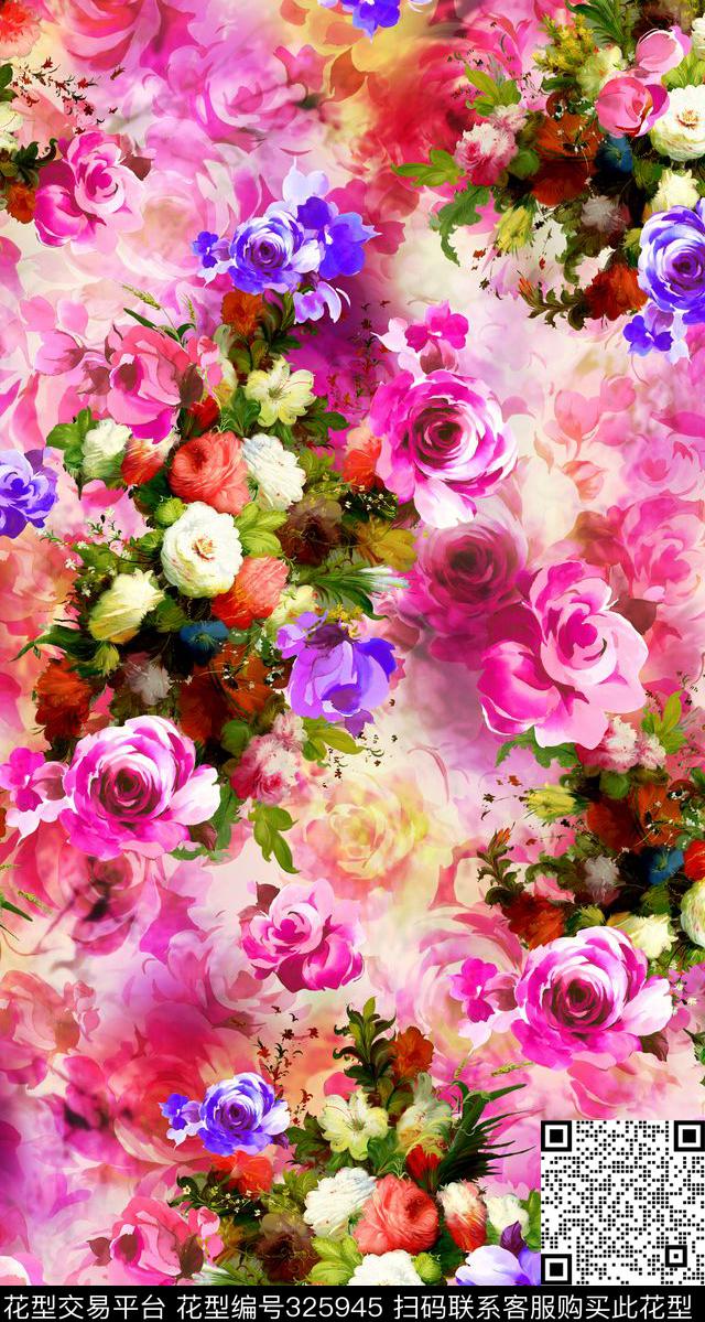 手绘花卉绿叶数码印花华亿平台下载（图片编号: 325945） - 瓦栏（Walan）