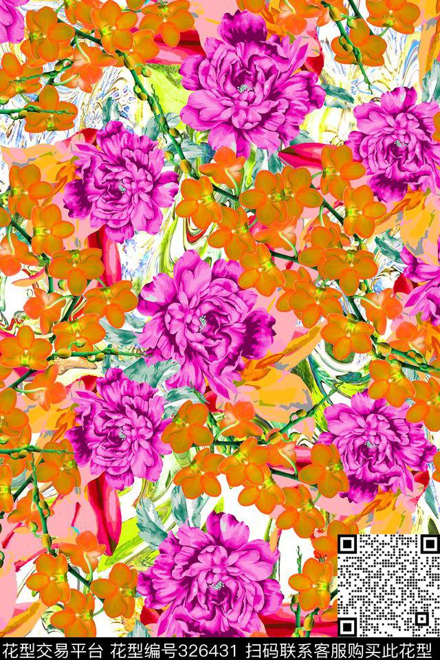 自然写意叶子花卉数码印花华亿平台下载（图片编号: 326431） - 瓦栏（Walan）