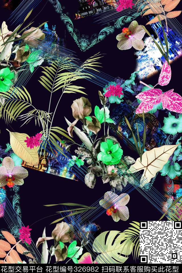花卉组合数码印花华亿平台下载（图片编号: 326982） - 瓦栏（Walan）