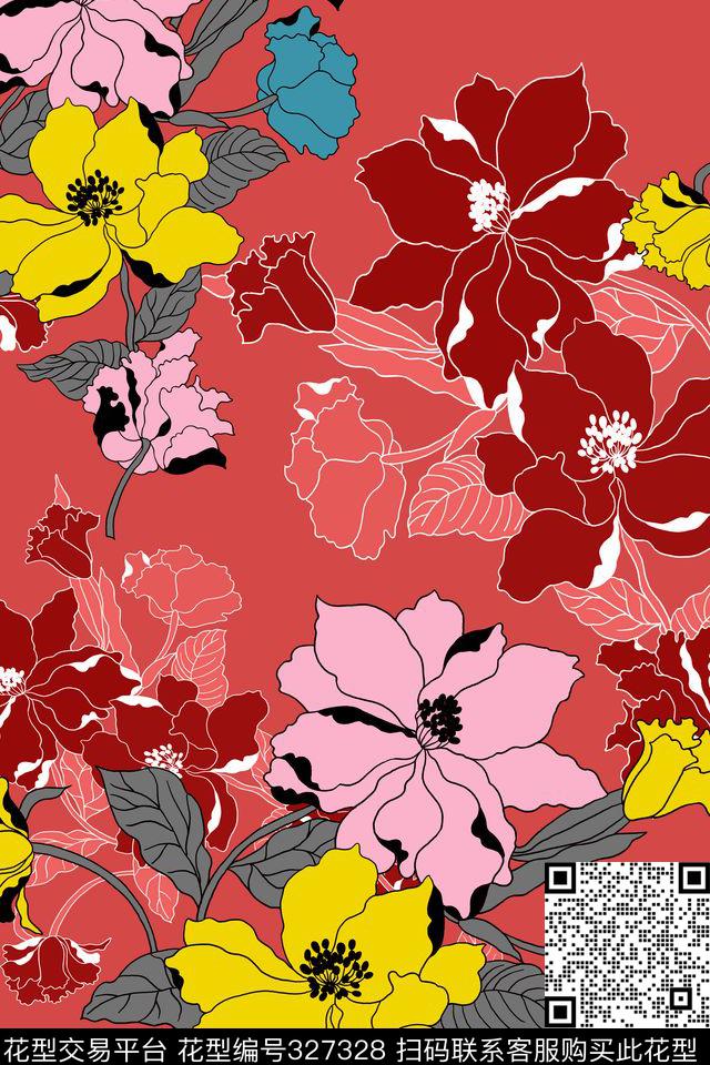 大花花卉风格化传统印花华亿平台下载（图片编号: 327328） - 瓦栏（Walan）
