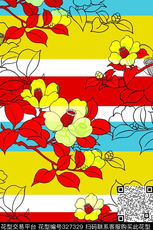 条纹线条花卉风格化传统印花华亿平台下载（图片编号: 327329） - 瓦栏（Walan）
