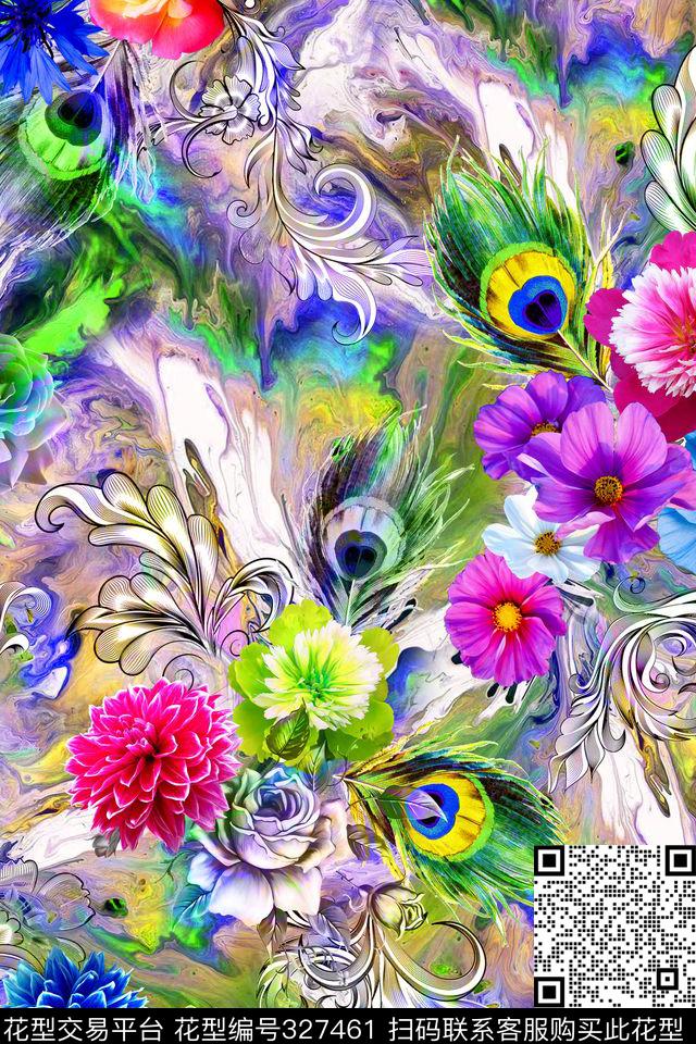 孔雀花卉油画底纹数码印花华亿平台下载（图片编号: 327461） - 瓦栏（Walan）