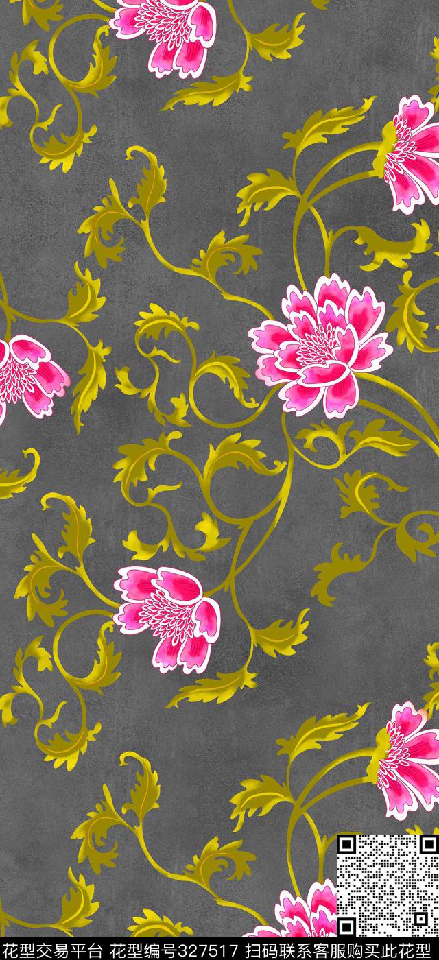 中国风手绘牡丹传统印花华亿平台下载（图片编号: 327517） - 瓦栏（Walan）