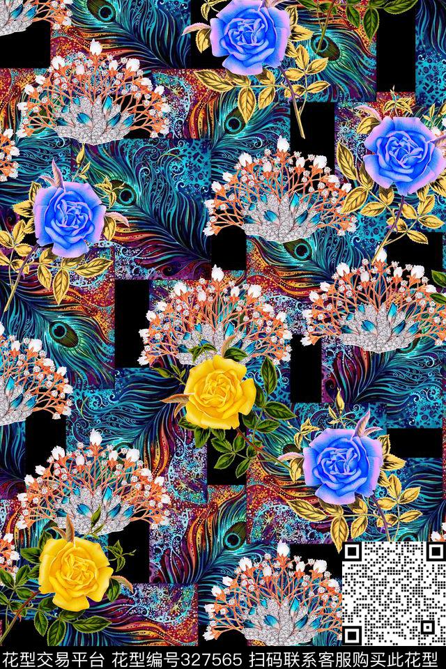孔雀羽毛珠宝宝石拼接数码印花华亿平台下载（图片编号: 327565） - 瓦栏（Walan）