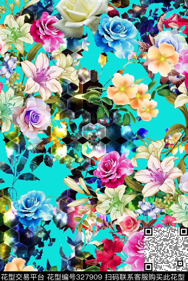 花卉组合数码印花华亿平台下载（图片编号: 327909） - 瓦栏（Walan）