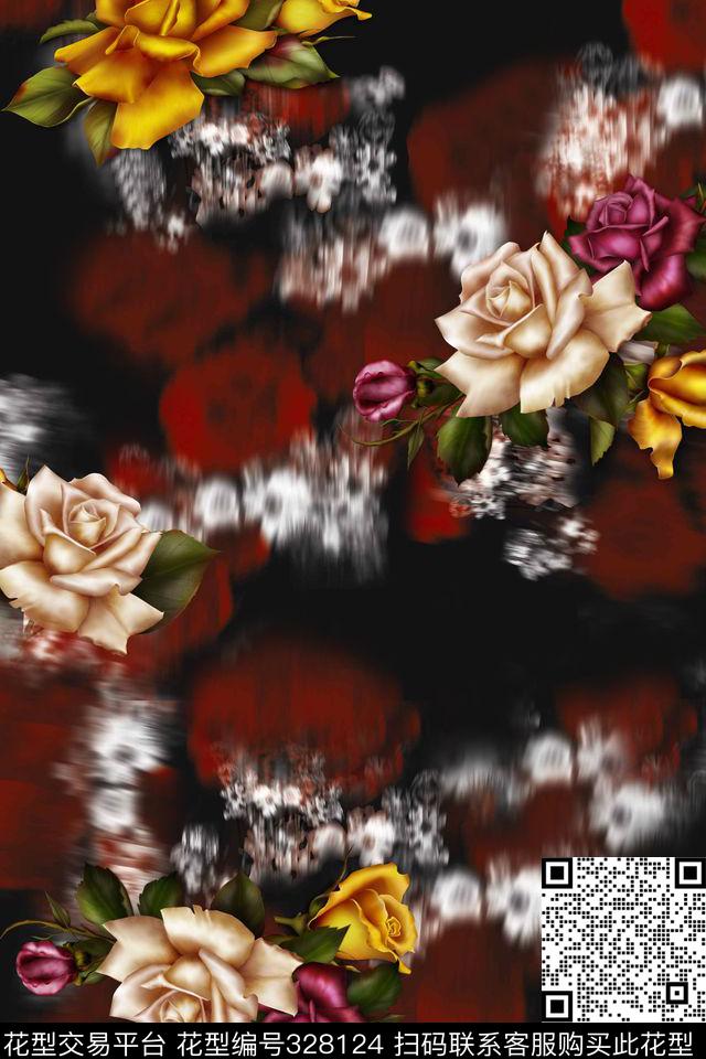 花卉抽象数码印花华亿平台下载（图片编号: 328124） - 瓦栏（Walan）