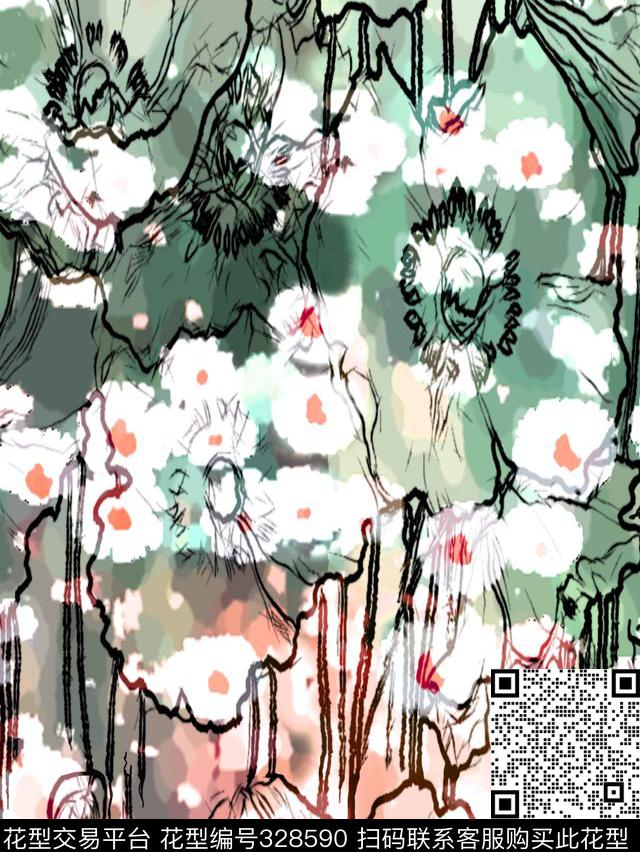 水彩风格花卉机理传统印花华亿平台下载（图片编号: 328590） - 瓦栏（Walan）