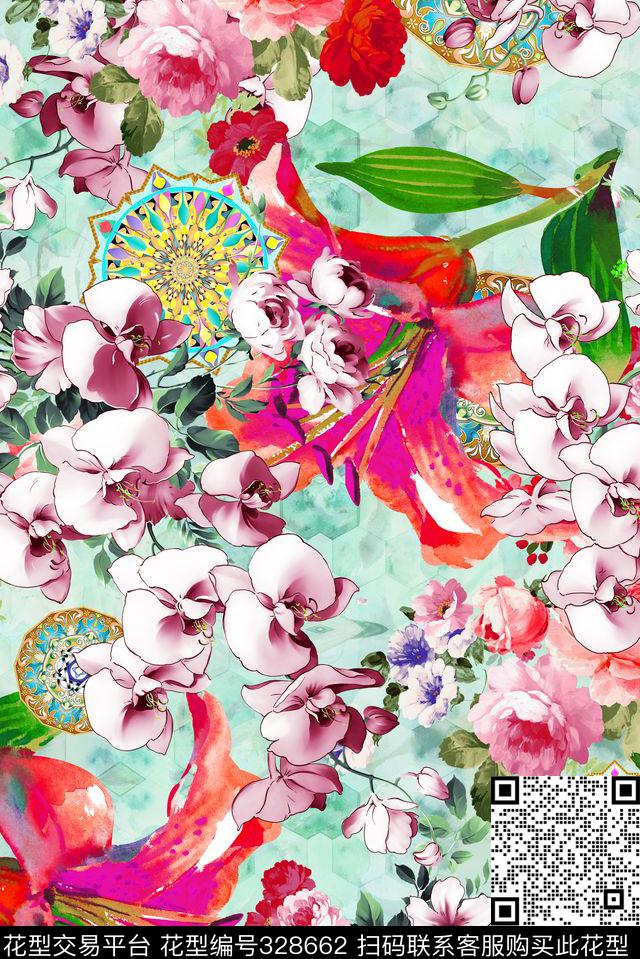 花卉组合数码印花华亿平台下载（图片编号: 328662） - 瓦栏（Walan）