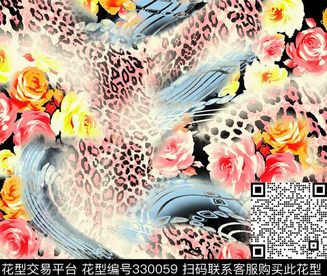 春夏花卉豹纹数码印花华亿平台下载（图片编号: 330059） - 瓦栏（Walan）