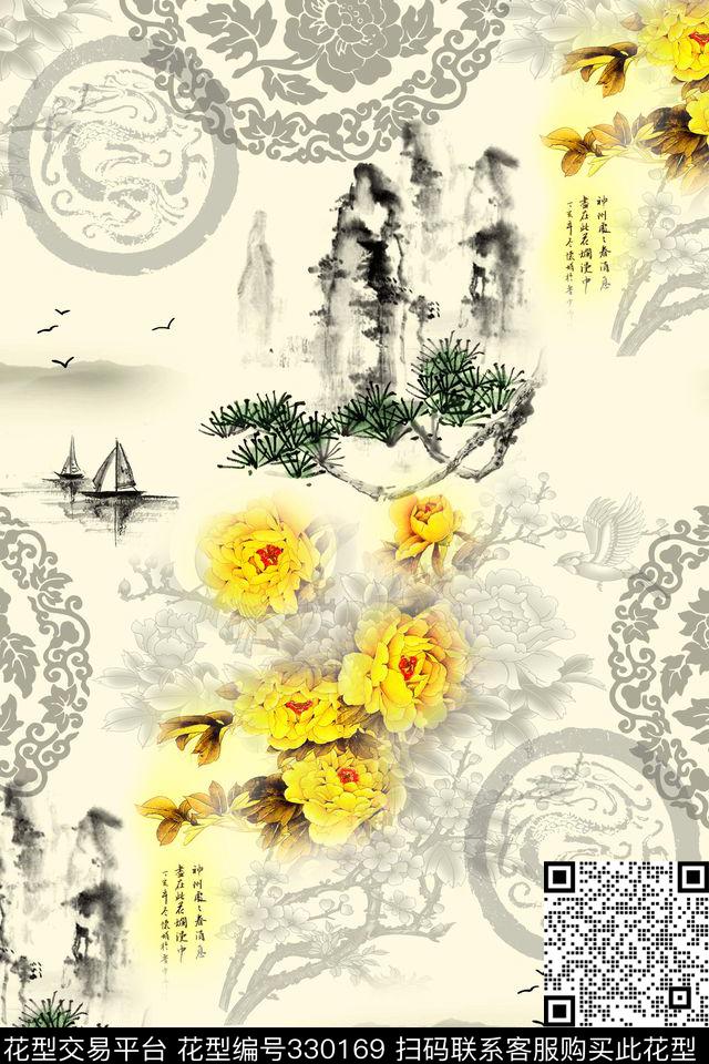 中国风山水水墨数码印花华亿平台下载（图片编号: 330169） - 瓦栏（Walan）