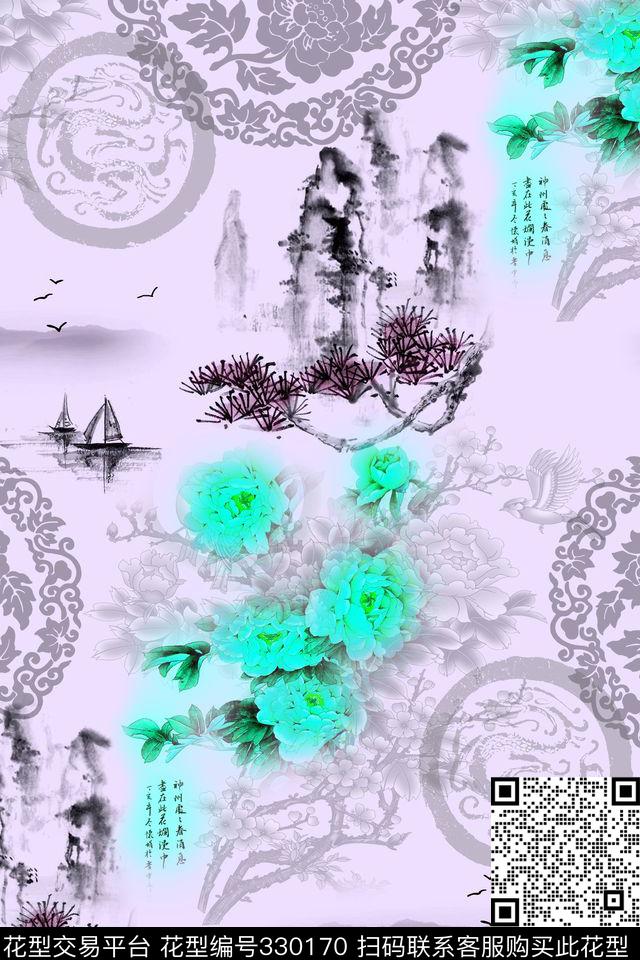 中国风山水水墨数码印花华亿平台下载（图片编号: 330170） - 瓦栏（Walan）