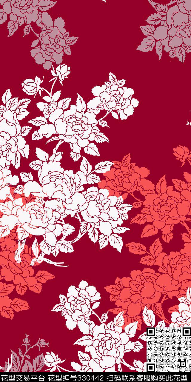 风格化花卉中国风牡丹传统印花华亿平台下载（图片编号: 330442） - 瓦栏（Walan）
