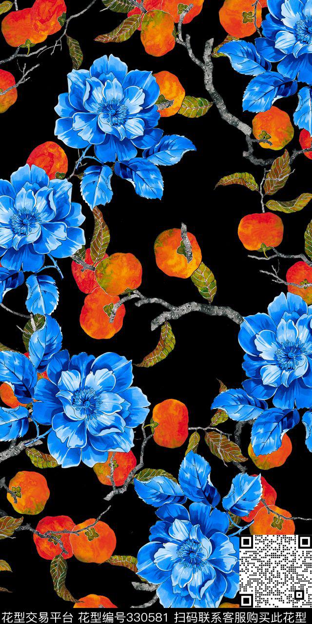 水果柿子靛蓝花卉数码印花华亿平台下载（图片编号: 330581） - 瓦栏（Walan）