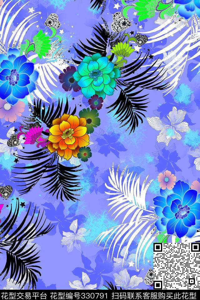 花卉热带华亿平台棕榈树数码印花华亿平台下载（图片编号: 330791） - 瓦栏（Walan）