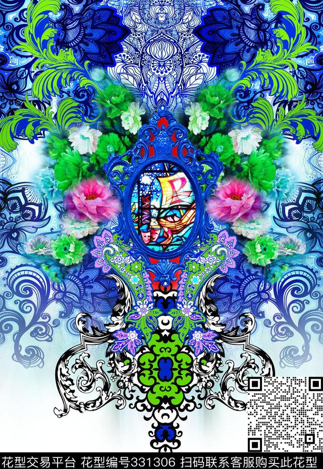 民族风欧式青花瓷风格卷草纹数码印花华亿平台下载（图片编号: 331306） - 瓦栏（Walan）