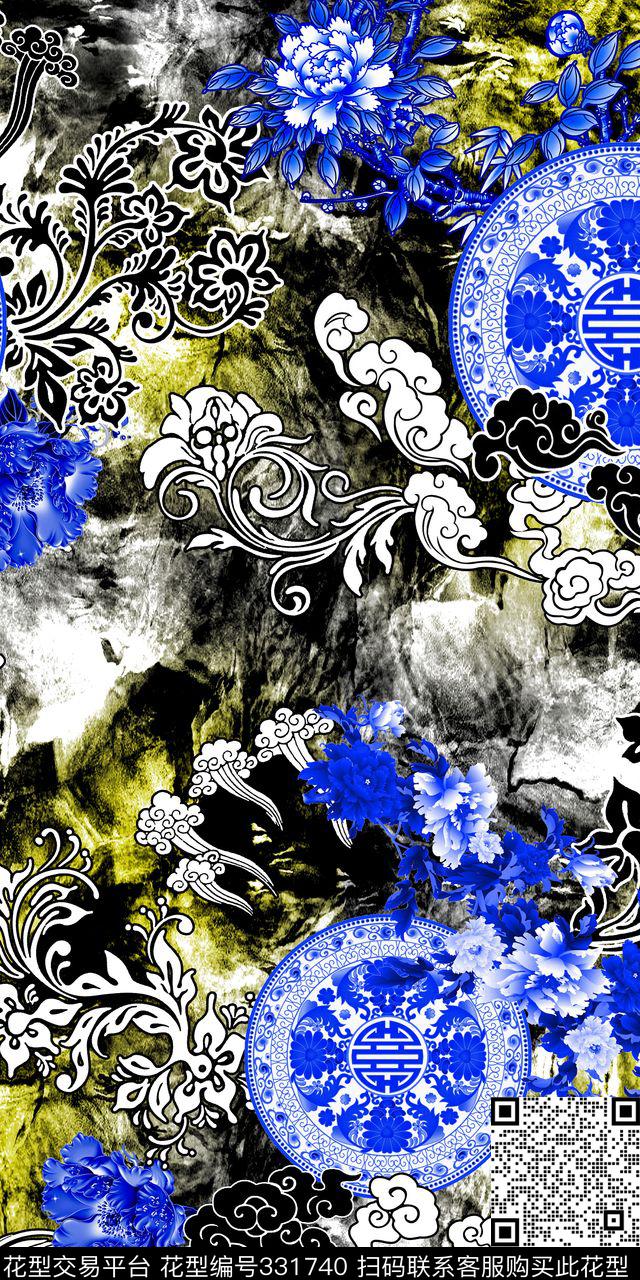 青花瓷云纹中国风数码印花华亿平台下载（图片编号: 331740） - 瓦栏（Walan）