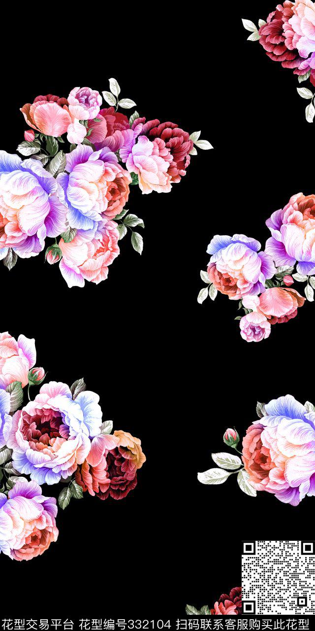 大气黑底绚丽花卉数码印花华亿平台下载（图片编号: 332104） - 瓦栏（Walan）