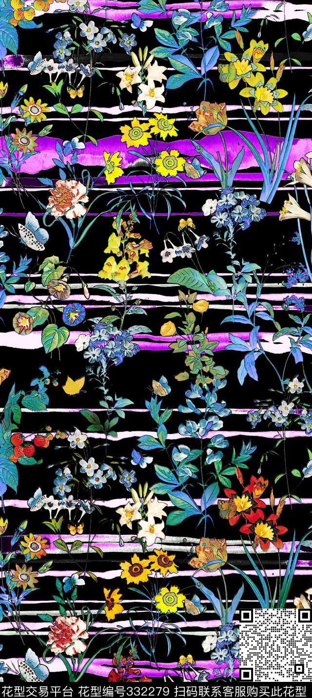 印象派水彩条纹数码印花华亿平台下载（图片编号: 332279） - 瓦栏（Walan）