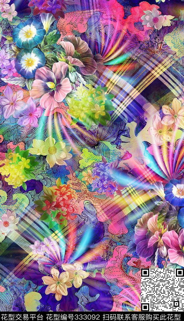 花卉格子几何数码印花华亿平台下载（图片编号: 333092） - 瓦栏（Walan）
