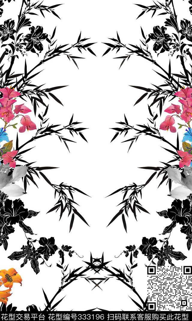 中国风水墨竹子数码印花华亿平台下载（图片编号: 333196） - 瓦栏（Walan）