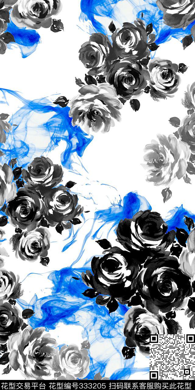 欧美水墨花卉数码印花华亿平台下载（图片编号: 333205） - 瓦栏（Walan）