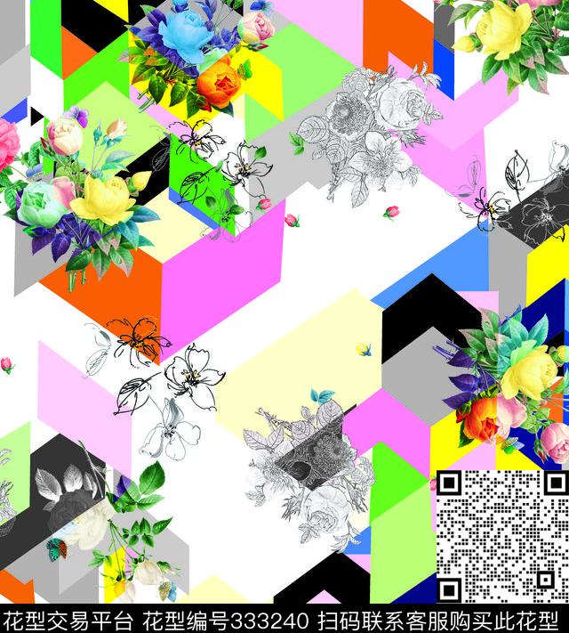 几何花卉层次数码印花华亿平台下载（图片编号: 333240） - 瓦栏（Walan）