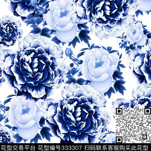 中国风青花纹花朵数码印花华亿平台下载（图片编号: 333307） - 瓦栏（Walan）