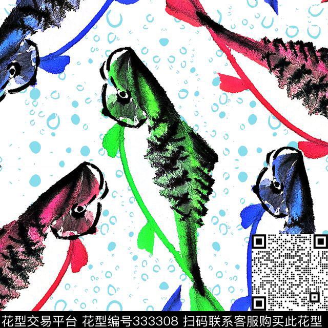 动物纹水泡手绘鱼数码印花华亿平台下载（图片编号: 333308） - 瓦栏（Walan）
